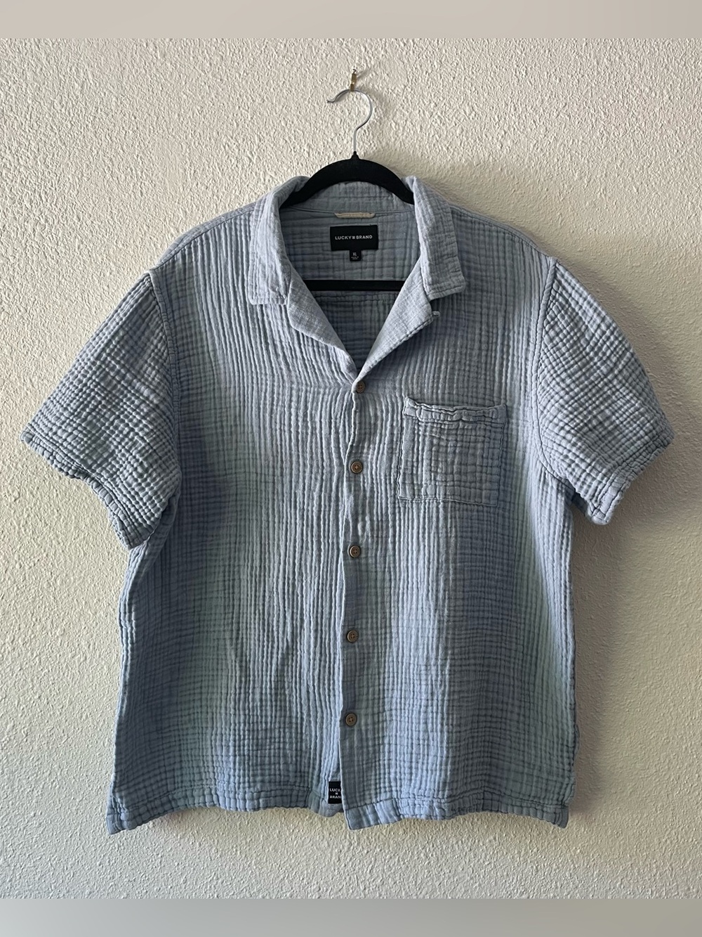 Lucky Brand Mens XL Double Gauze Boxy Cropped Camp Shirt Cotton Short Sleeve